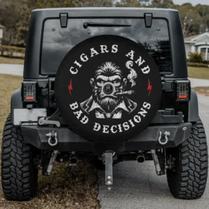Monkey Cigars and Bad Decisions gorilla spare tire cover with camera hole on Jeep