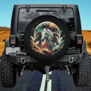 Moon full moon three horses clouds spare tire cover for Jeep SUV RV, no camera hole