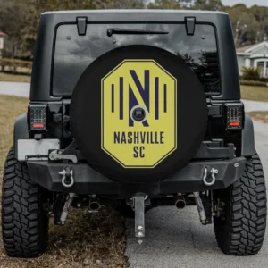 Nashville SC logo octagon MLS spare tire cover on Jeep with camera hole
