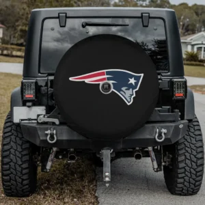 New England Patriots logo on black spare tire cover with camera hole