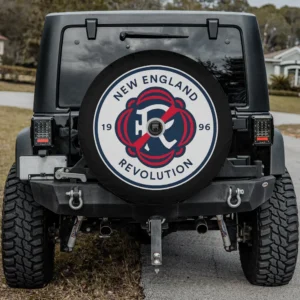 New England Revolution spare tire cover with backup camera hole on Jeep