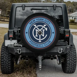 New York City FC logo spare tire cover with backup camera hole on Jeep