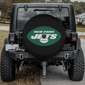 New York Jets football logo spare tire cover with camera hole on Jeep