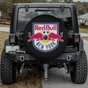 New York Red Bulls MLS spare tire cover on Jeep with backup camera hole, durable and UV-resistant