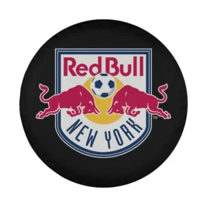 New York Red Bulls logo design on MLS spare tire cover, red bulls and soccer ball