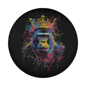 Artistic gorilla with gold crown and neon paint splatter design for spare tire cover