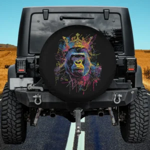 Paint splatter gold crown gorilla spare tire cover with vivid neon colors for Jeep and SUV, no camera hole