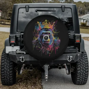 Paint splatter gold crown gorilla spare tire cover with backup camera hole for Jeep, SUV, RV