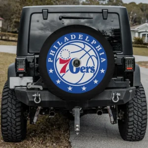 Philadelphia 76ers logo basketball spare tire cover with camera hole on Jeep