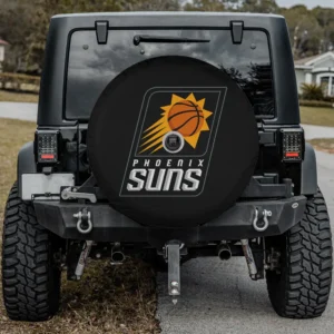 Phoenix Suns basketball sunburst spare tire cover with camera hole on Jeep