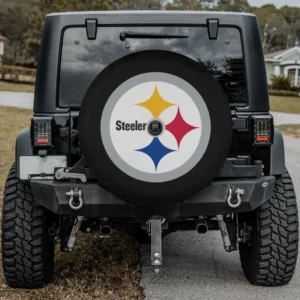 Pittsburgh Steelers NFL fan gear spare tire cover on Jeep with camera hole