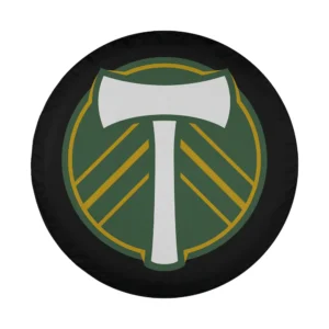 Close-up of Portland Timbers axe logo design on MLS spare tire cover