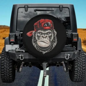 Red cap cartoon gorilla alpha wildlife spare tire cover on Jeep
