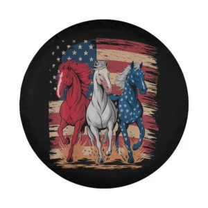 Patriotic red white blue horses running over distressed USA flag spare tire cover design