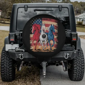 Red white blue horses USA flag spare tire cover with backup camera hole for Jeep Wrangler