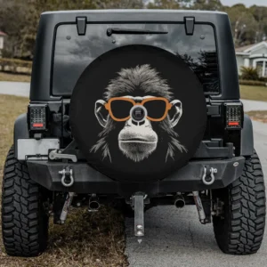 Retro sunglasses stencil art gorilla face spare tire cover with backup camera hole for Jeep, SUV, RV