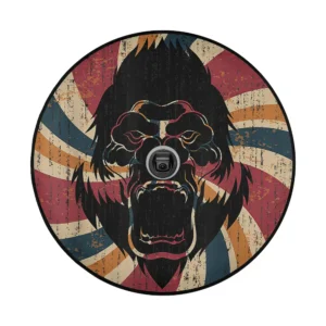 Distressed retro gorilla face with union jack rays, vintage spare tire cover art