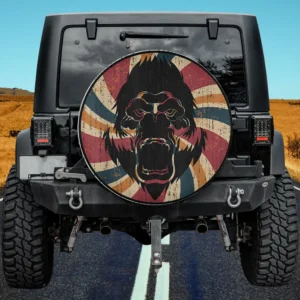 Retro union jack gorilla distressed ape spare tire cover with vintage rays for Jeep and SUV, no camera hole