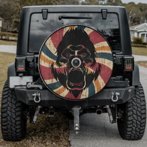 Retro union jack gorilla distressed ape spare tire cover, backup camera hole, vintage look for Jeep