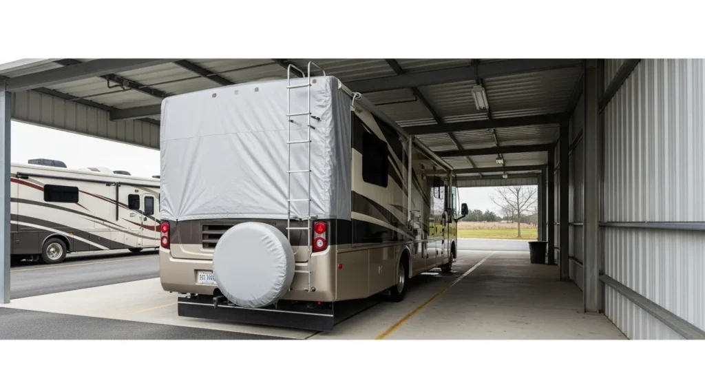 RV in long term storage with custom spare tire cover protecting spare from UV damage during off season