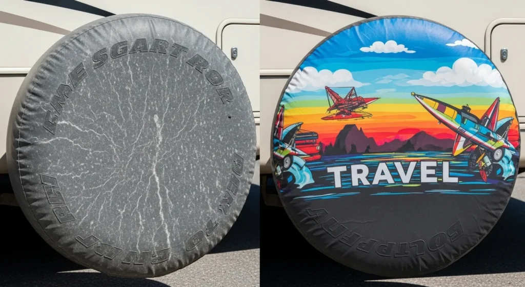 RV spare tire UV damage comparison showing unprotected cracked tire vs protected tire with custom spare tire cover