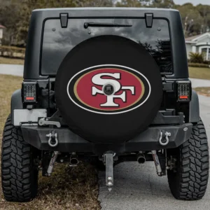 San Francisco 49ers NFL fan gear spare tire cover on Jeep with camera hole