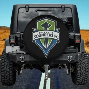 Seattle Sounders FC shield logo spare tire cover on Jeep with no camera hole