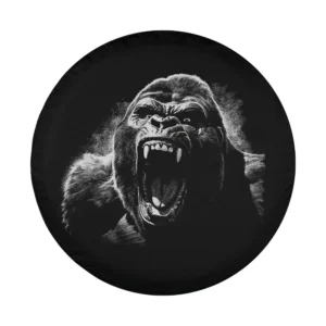 Silverback gorilla angry growling face spare tire cover design closeup monochrome illustration