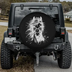 Sketched mane paint splatter horse portrait spare tire cover with camera hole for Jeep SUV RV