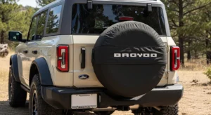 spare tire cover camera hole Ford Bronco rear view fitted cover no hole most configurations