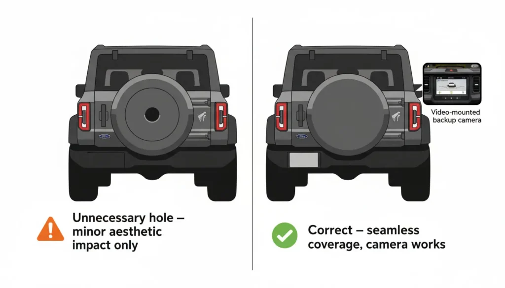 spare tire cover camera hole Ford Bronco unnecessary hole vs correct no camera hole seamless coverage
