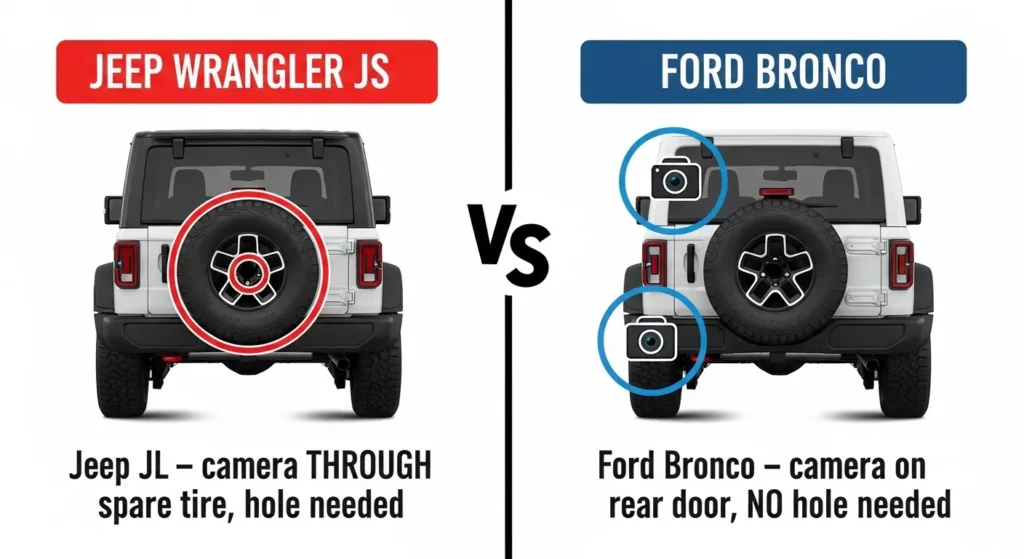 spare tire cover camera hole Ford Bronco vs Jeep Wrangler camera position door vs spare tire