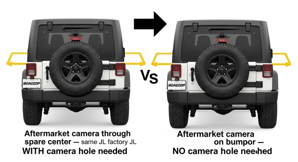 spare tire cover camera hole Jeep JK aftermarket camera spare tire carrier vs bumper position