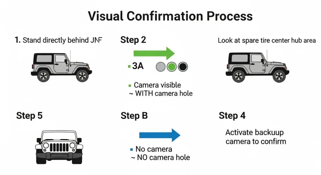 spare tire cover camera hole Jeep JK five step visual confirmation stand look check activate decide