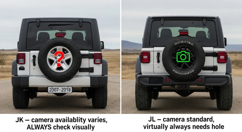 spare tire cover camera hole Jeep JK vs JL body style camera varies check vs standard needs hole