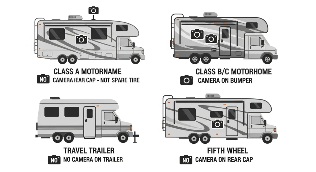 spare tire cover camera hole RV trailer four RV types camera locations Class A B C travel trailer fifth wheel