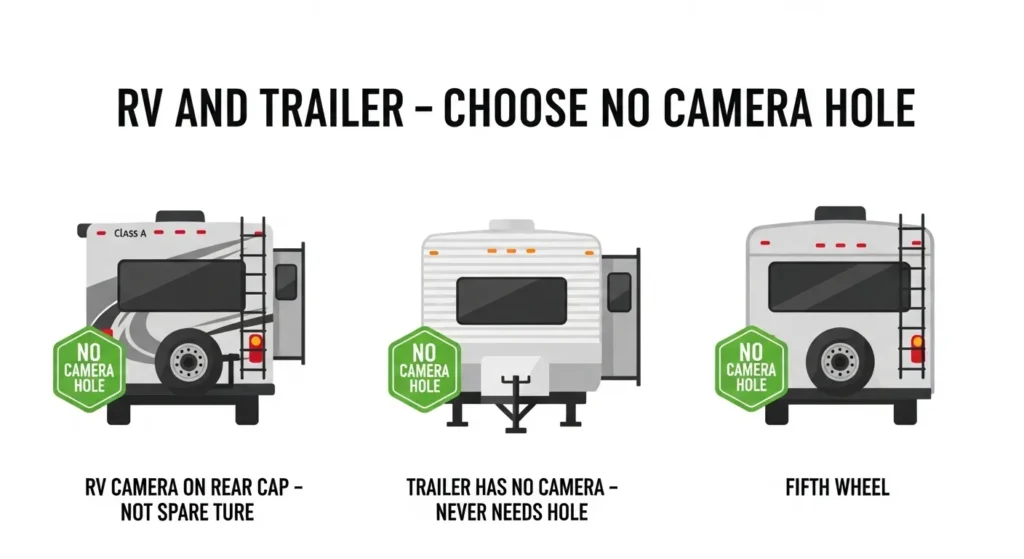spare tire cover camera hole RV trailer three vehicle types motorhome travel trailer fifth wheel all no hole