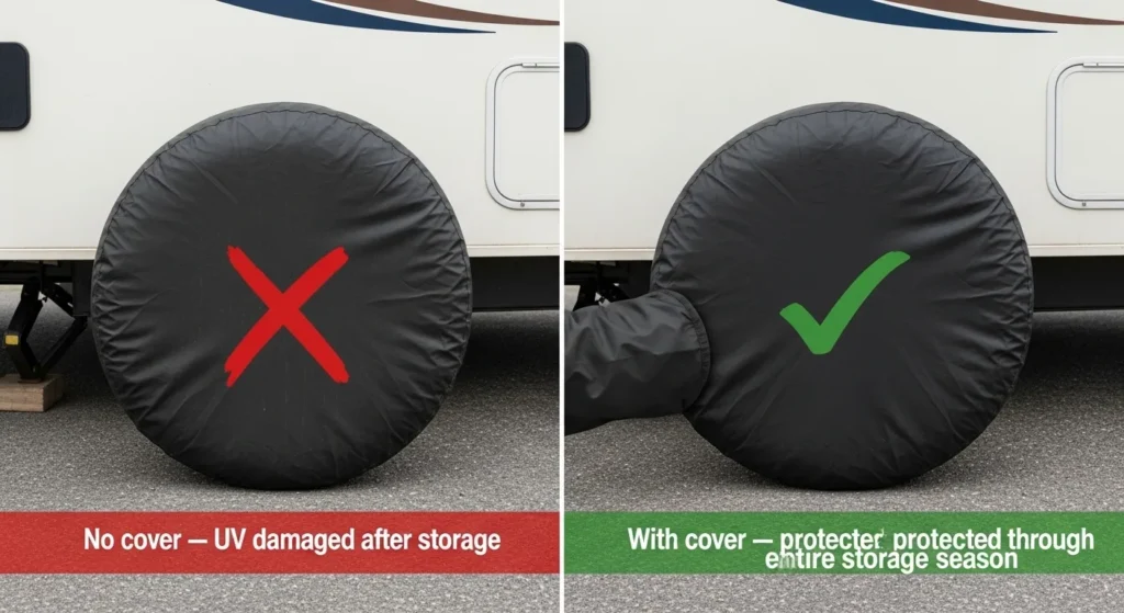 spare tire cover camera hole RV trailer UV protection unprotected degraded vs covered protected storage