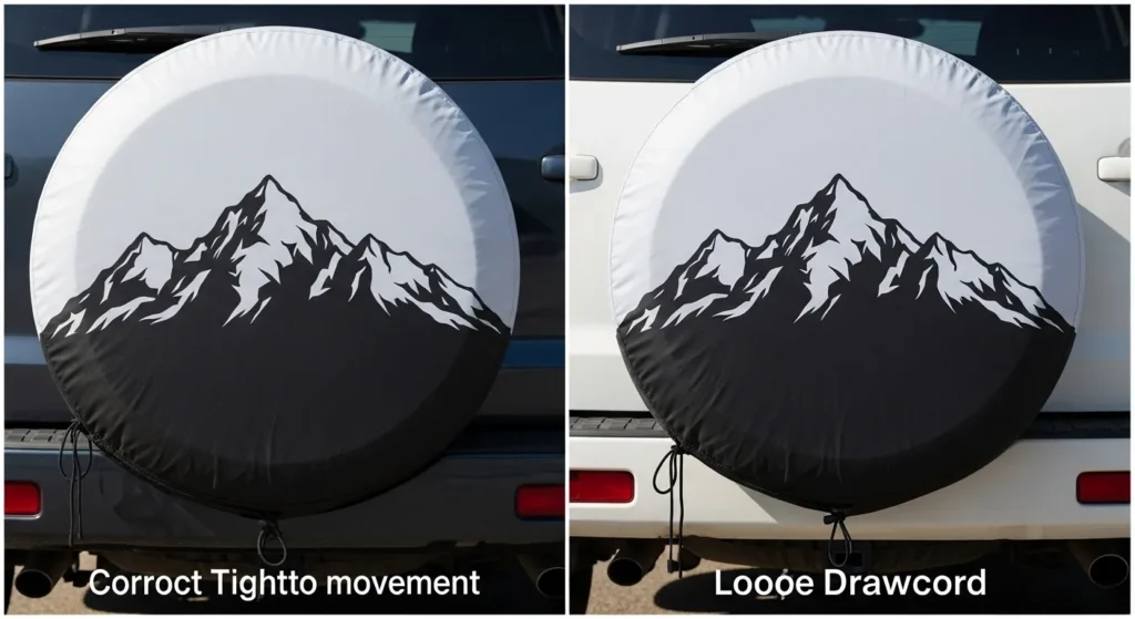 Spare tire cover installation mistake loose drawcord showing correctly tightened snug cover vs loose sagging cover that will flap