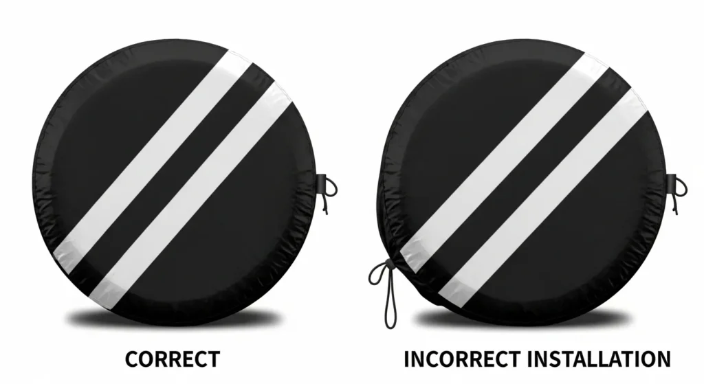 Common mistakes when putting on a spare tire cover: correct centered installation vs crooked loose installation