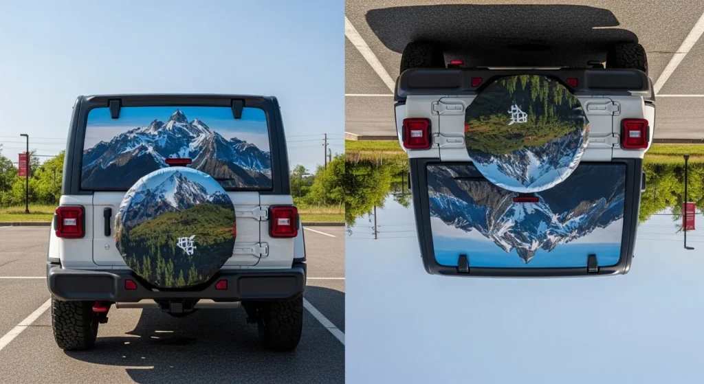 Spare tire cover installation mistake upside down showing inverted mountain design vs correct right-side up orientation on Jeep