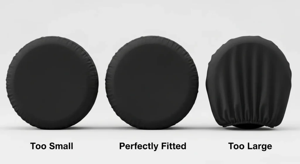 Spare tire cover installation mistake wrong size comparison showing too small stretched vs correct fit vs too large sagging