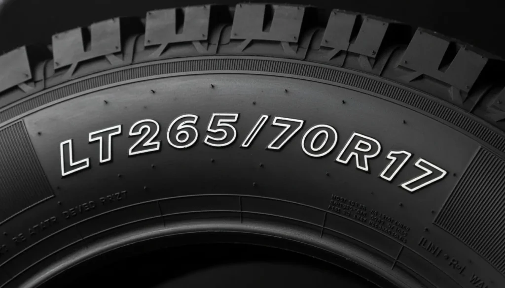 Spare tire sidewall code showing LT265/70R17 tire size
