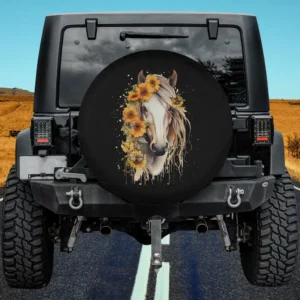 Sunflower crown horse portrait equestrian spare tire cover with no camera hole for Jeep