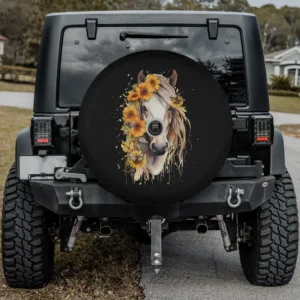 Sunflower crown horse portrait equestrian spare tire cover with backup camera hole for SUV