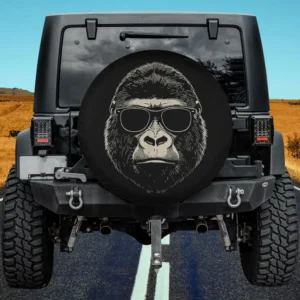 Sunglasses graphic gorilla face bold spare tire cover on Jeep with no camera hole