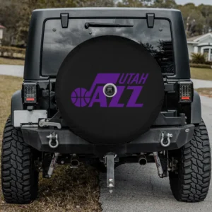 Purple Utah Jazz logo basketball spare tire cover with camera hole on Jeep
