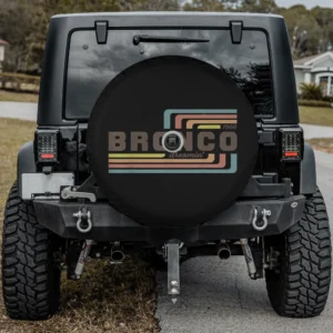 Vintage Bronco Dreamin retro stripes spare tire cover with camera hole on Jeep rear tire