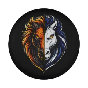 Closeup of Vintage Bronco horse face fiery blue artwork on spare tire cover