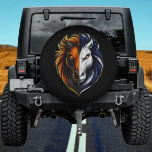 Vintage Bronco horse face fiery blue spare tire cover without camera hole on black Jeep